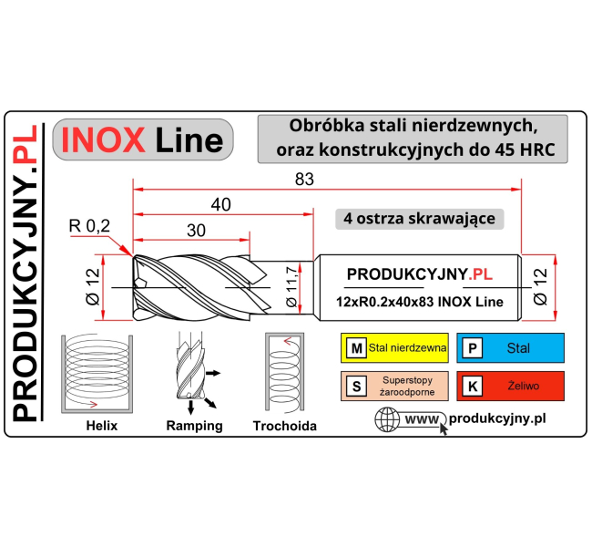 Frez z promieniem naroża fi 12 R0,2 INOX LINE